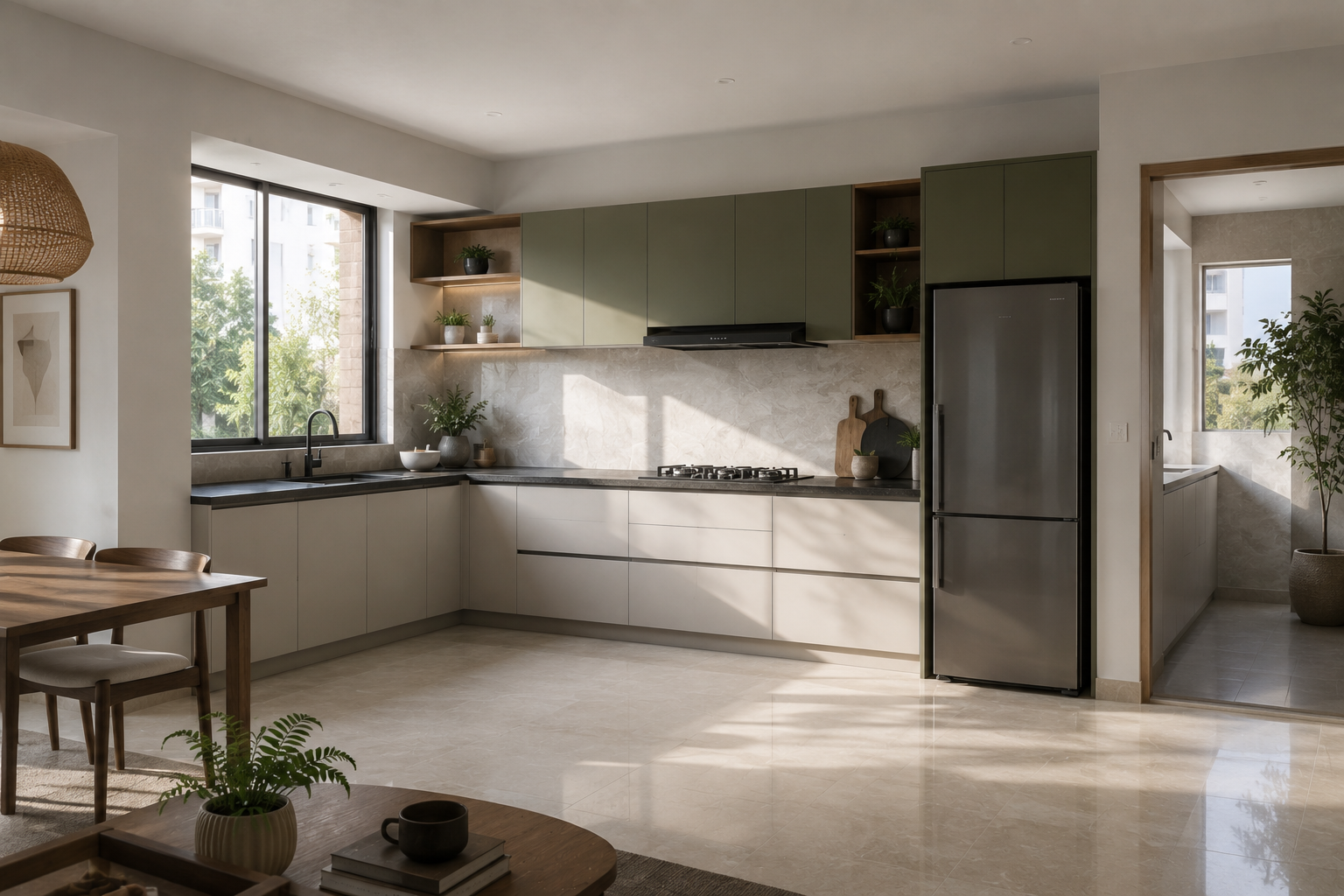 Olive Sage L-Shape Kitchen