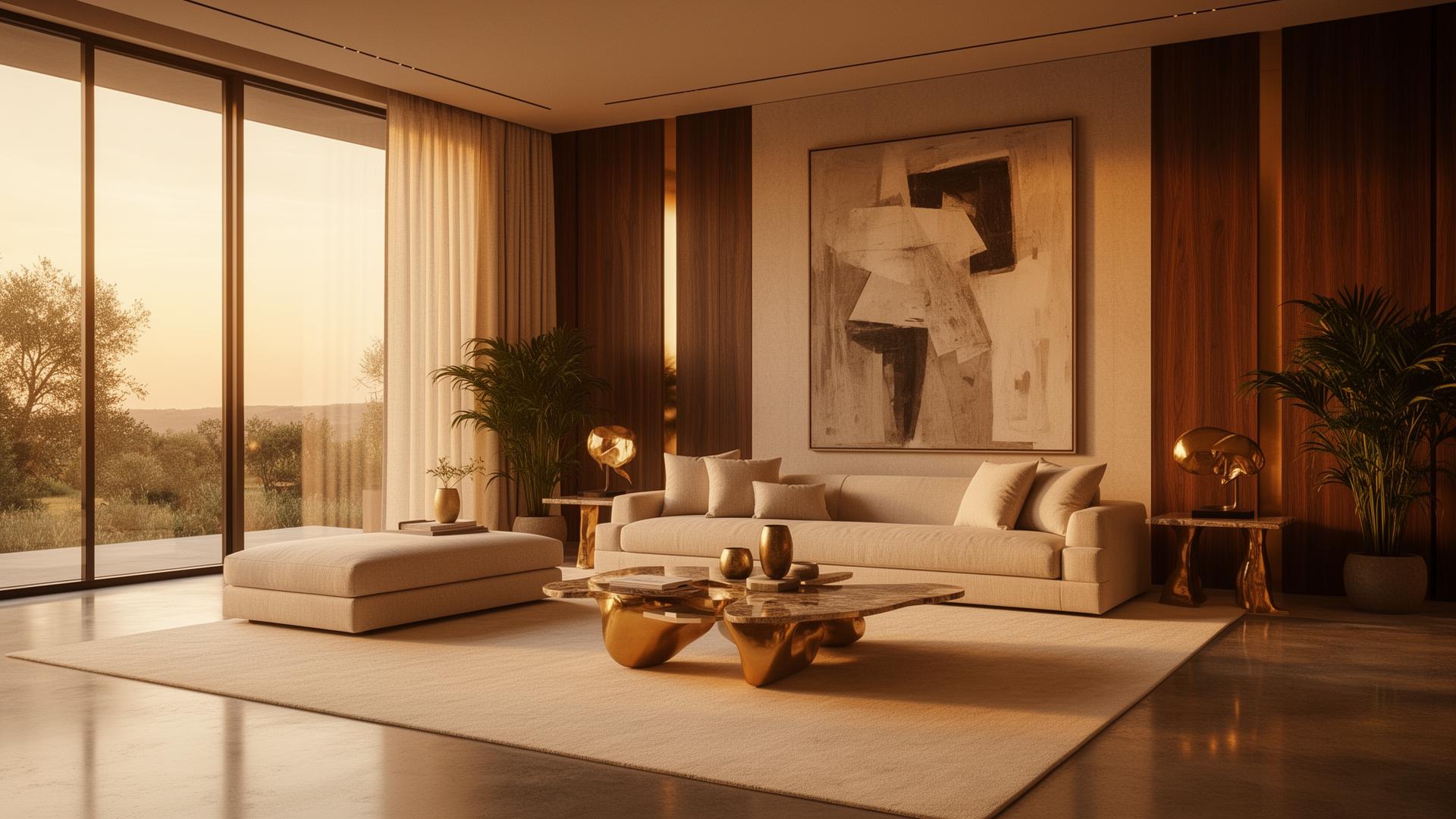 Cinematic luxury living room with golden hour light