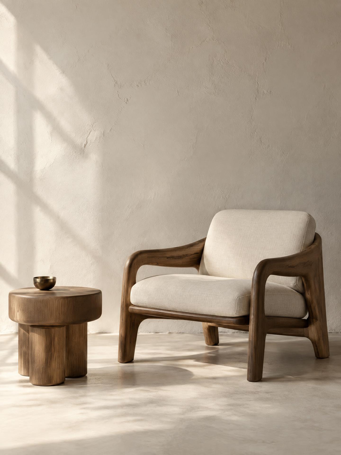 Brand composition of a sculptural timber chair, linen upholstery and wood table with a brass bowl against textured ivory plaster